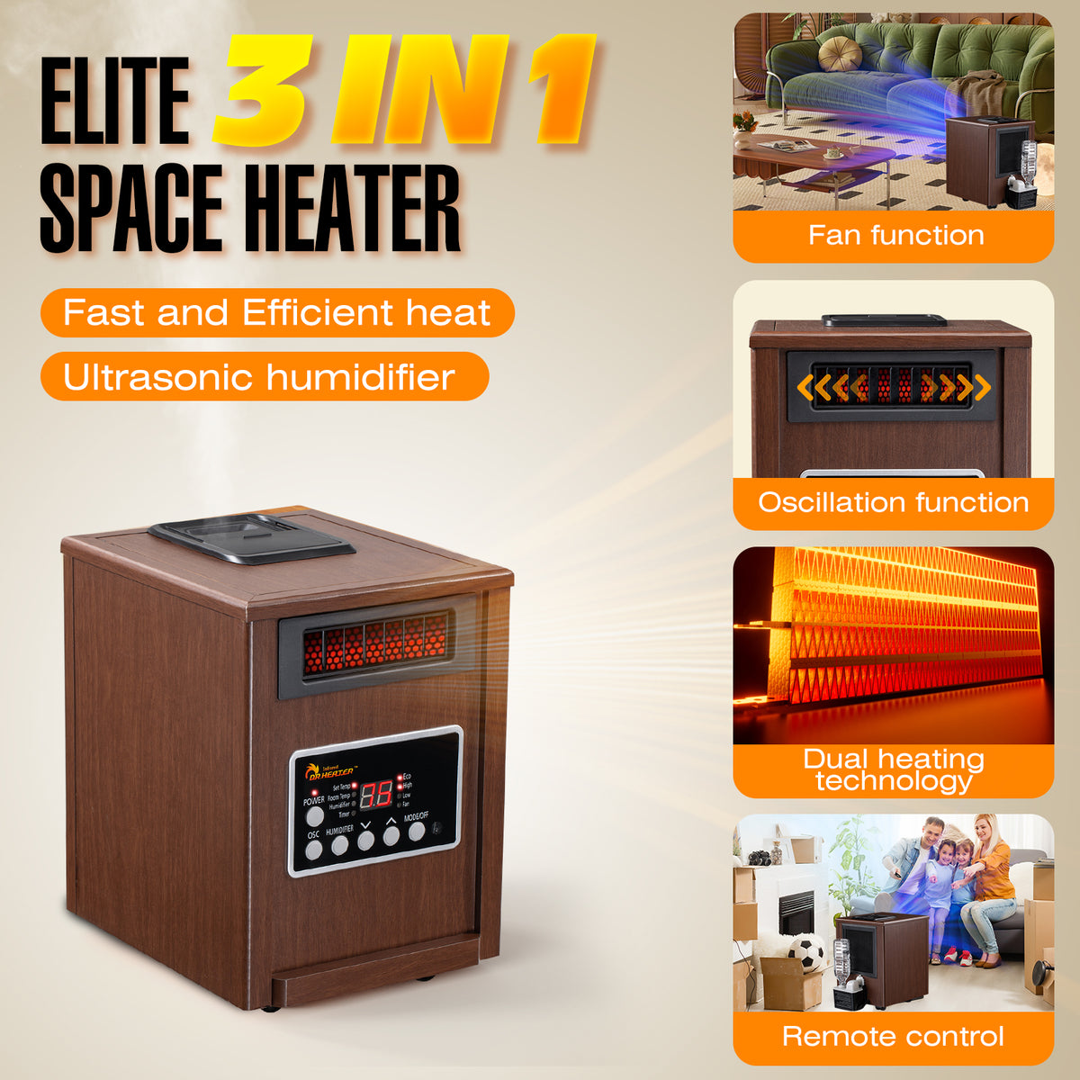 Dr Infrared Heater DR-998W, 1500W, Advanced Dual Heating System with H
