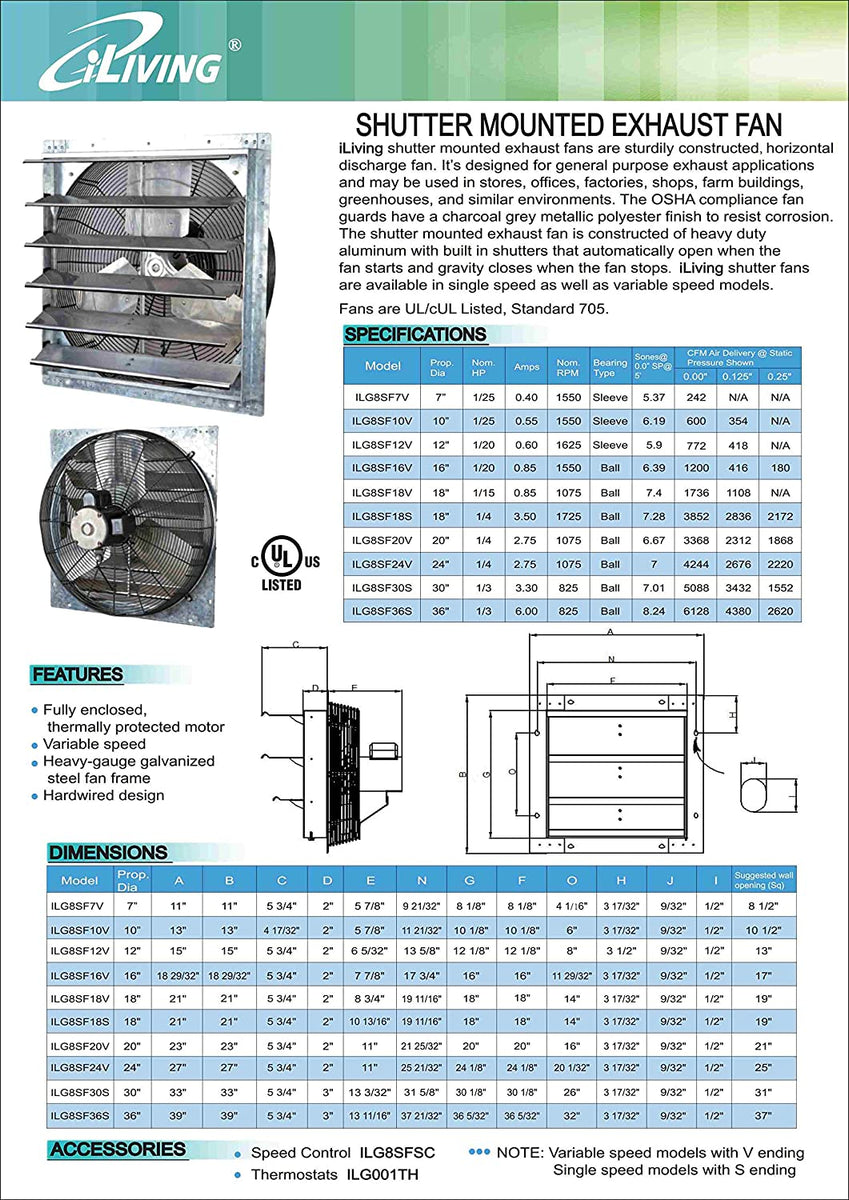 ILG8SF18V - iLIVING 18 Inch Variable Speed Shutter Exhaust Fan