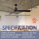 ILG8CF52B - iLIVING 52-Inch Quiet BLDC Indoor Ceiling Fan with Remote Control, 3 Blades 6 Speeds, 5650 CFM, Black/Wood Finish