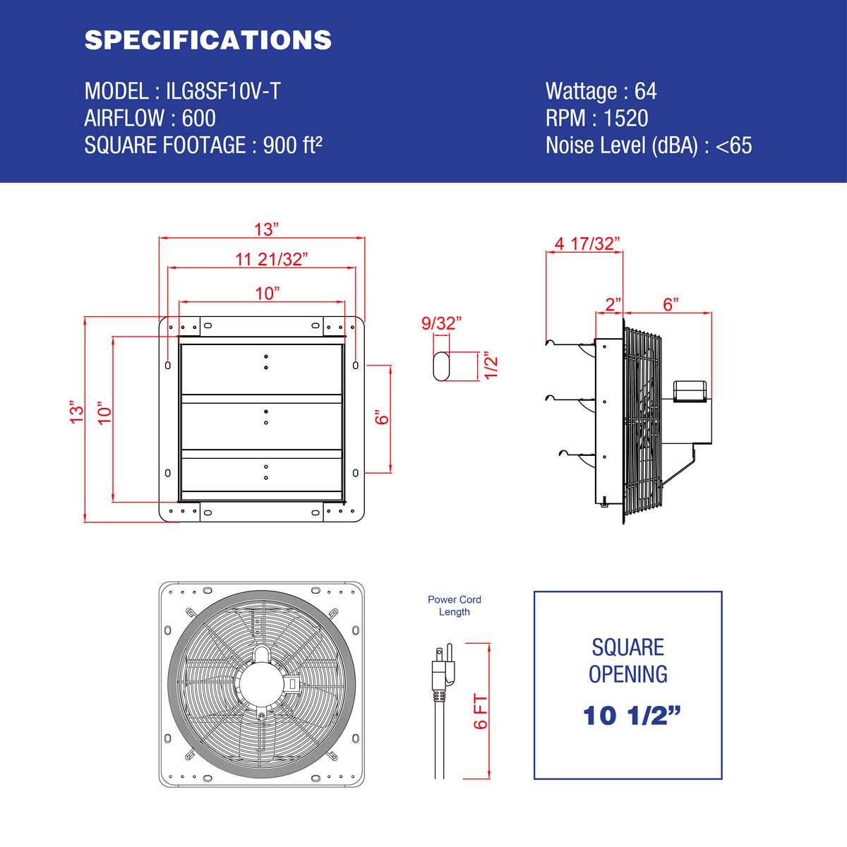 iLiving 10 in. Explosion Proof Ventilation Fan, 350W, 1943 CFM, Red, ILG8EF10EX