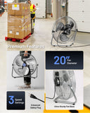 ILG8F21 - iLIVING 20" 7500 CFM Turbo High Velocity Floor Fan, 3-Speed Heavy Duty Metal Fan for Office, Commercial, Workstation, Greenhouse, Garage, Warehouse, Shop Attic Use, Silver, UL Listed