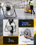 ILG8F20 - iLIVING 20 Inch Heavy Duty Floor & Wall Mount Fan - 5750 CFM High Velocity, 120-Watt, 3-Speed, Industrial Cooling for Garage, Workshop, Office, Home - UL Listed, Black