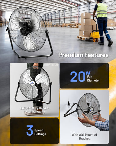 I.C. Electric Fan メタリックグレー ILG8F20 - iLIVING 20 Inch Heavy Duty Floor & Wall Mount Fan - 5750