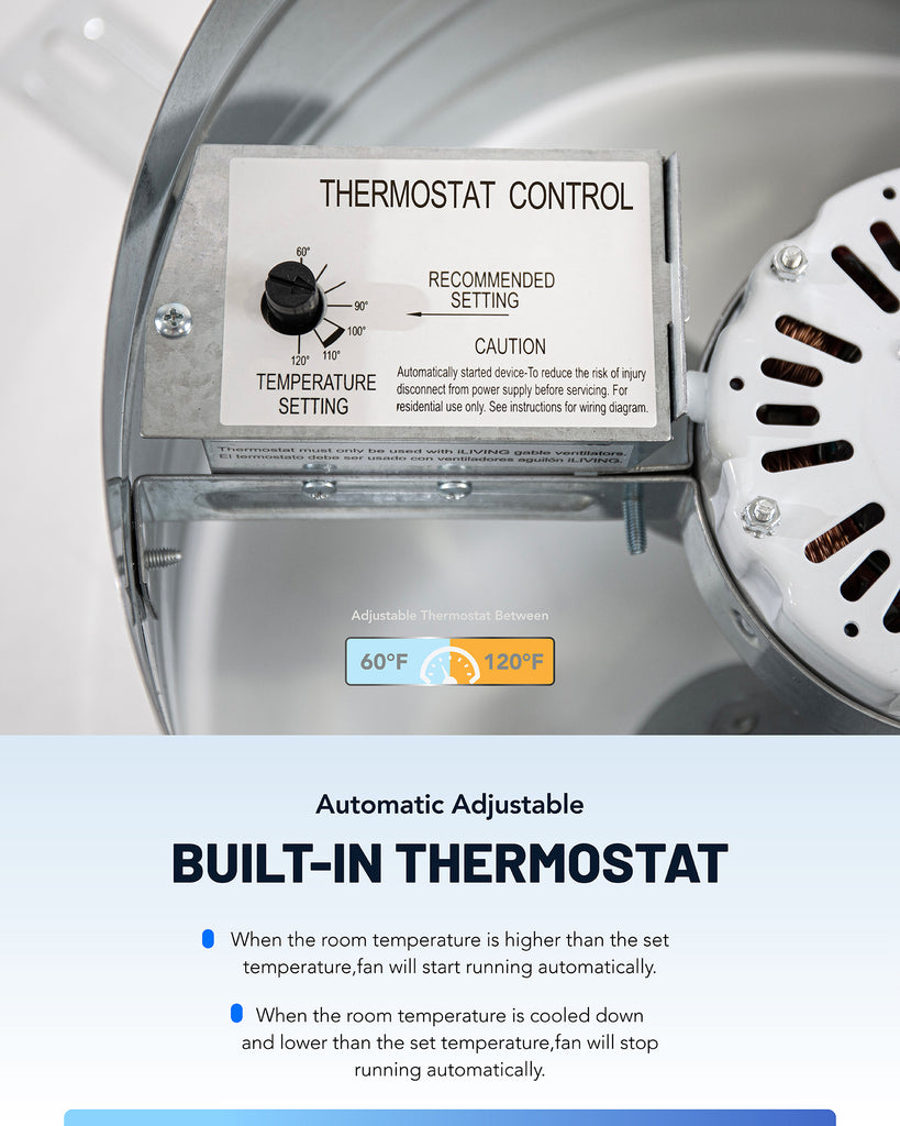 ILIVING Automatic Gable Mount Attic Fan - Adjustable Thermostat 1220 CFM Ventilator