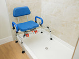 ILG-668 -  iLIVING Tub Transfer Bench Shower Chair for Inside Shower with Easy Access Swivel Padded Seat and Pivoting Arms, and Adjustable Height for Handicap and Seniors, Blue