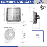 ILG8SF16V-ST - iLIVING 16" Wall Mounted Shutter Exhaust Fan, Automatic Shutter, with Thermostat and Variable Speed controller, 0.85A, 1200 CFM, 1800 SQF Coverage Area, Silver